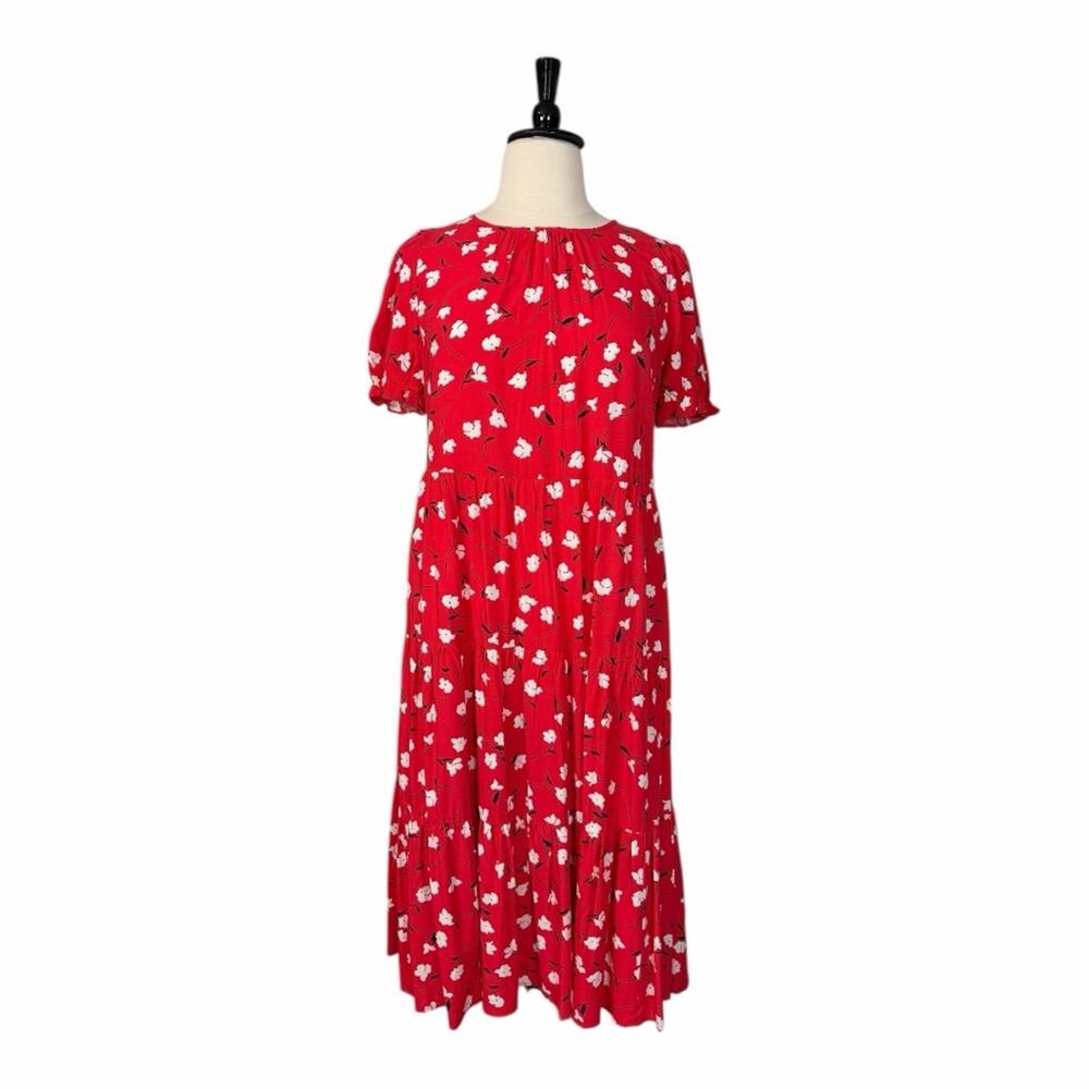 J.Crew Midi Dress Short Puff Sleeve Tiered Red Floral Women’s Size XL New NWT